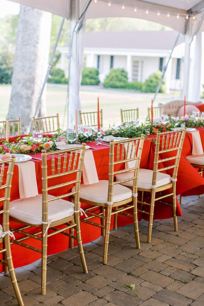 colorful red tented wedding reception