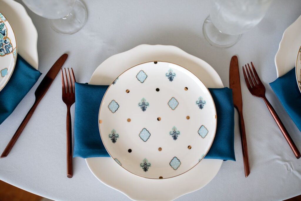 blue printed party plate for rent