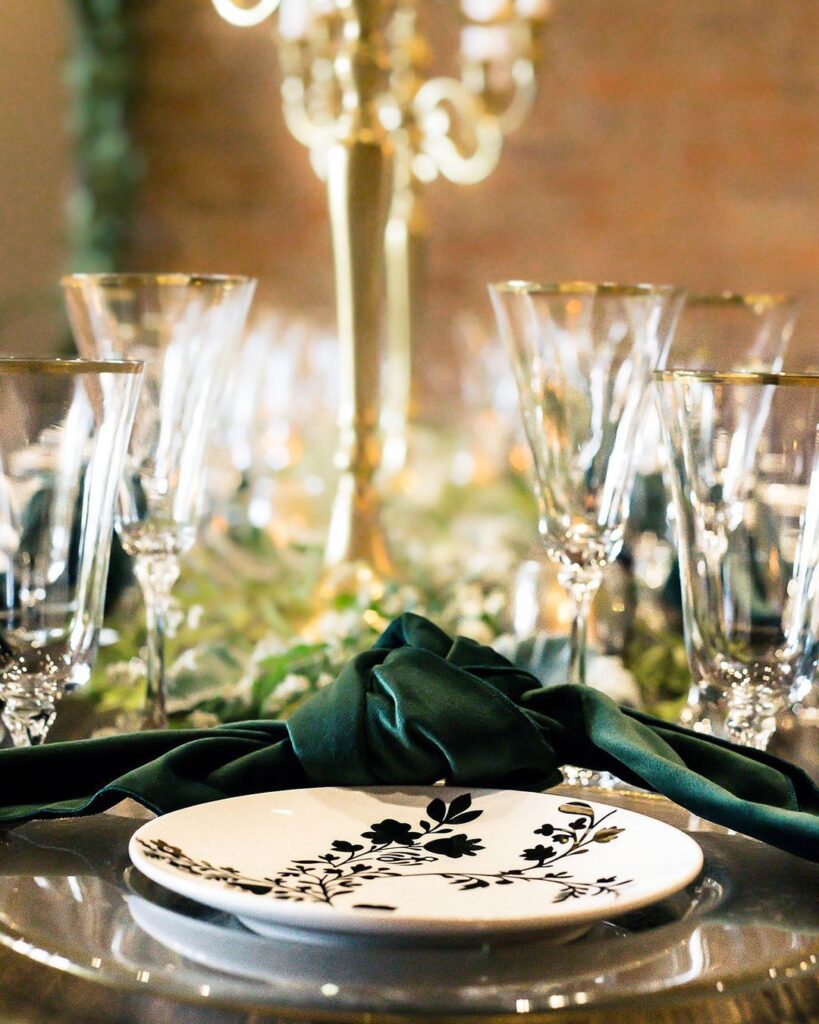 Velvet green linens for modern vintage holiday party