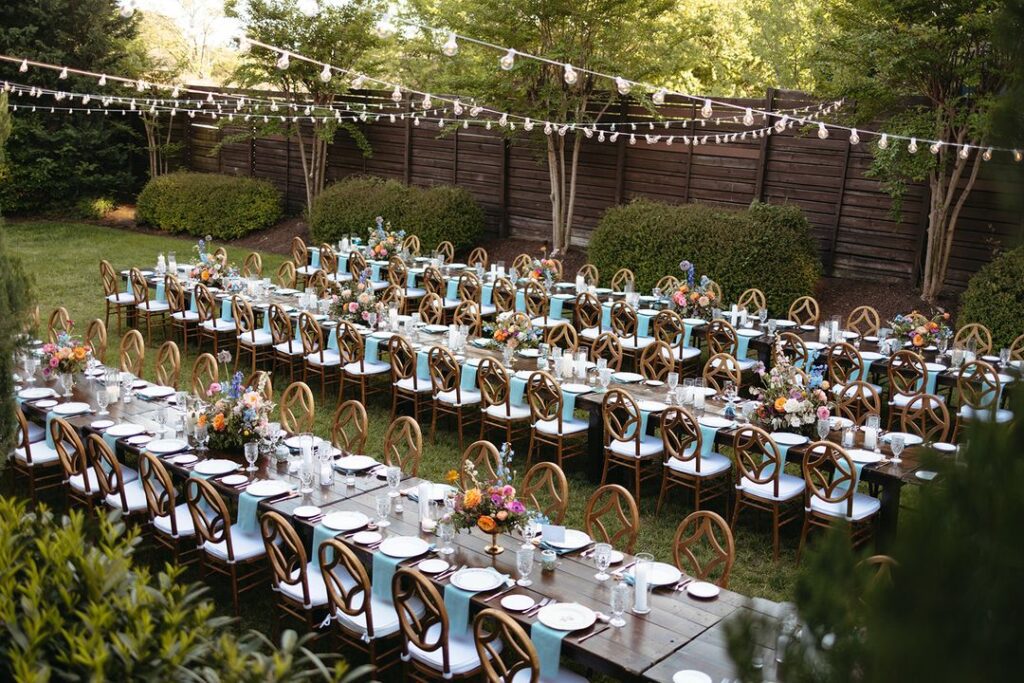 outdoor wedding reception with colorful decor