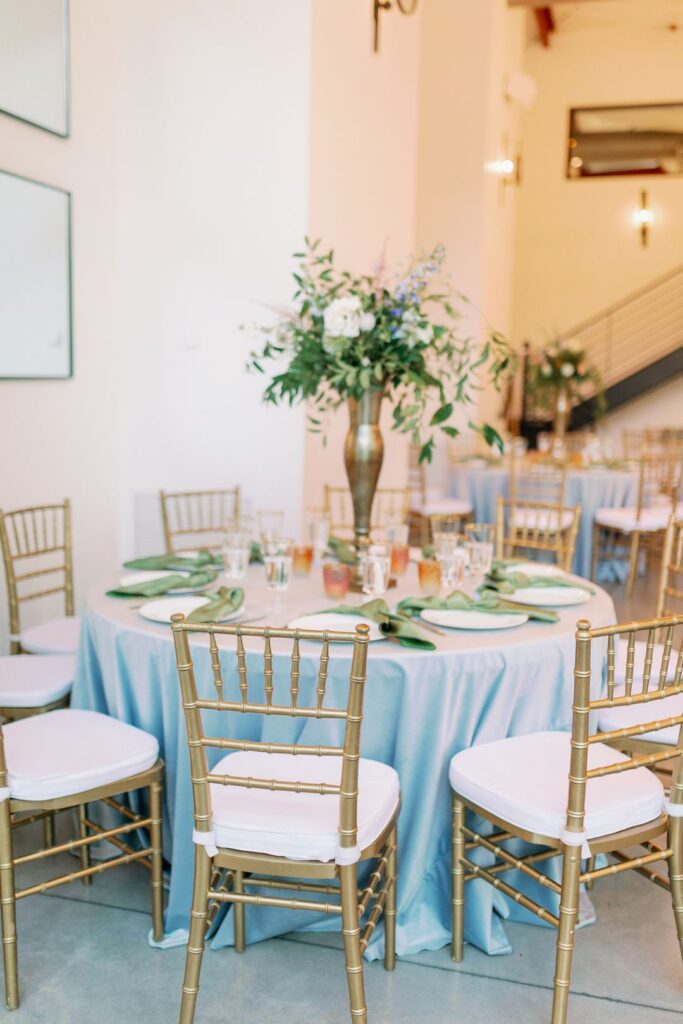 romantic blue and gold spring reception