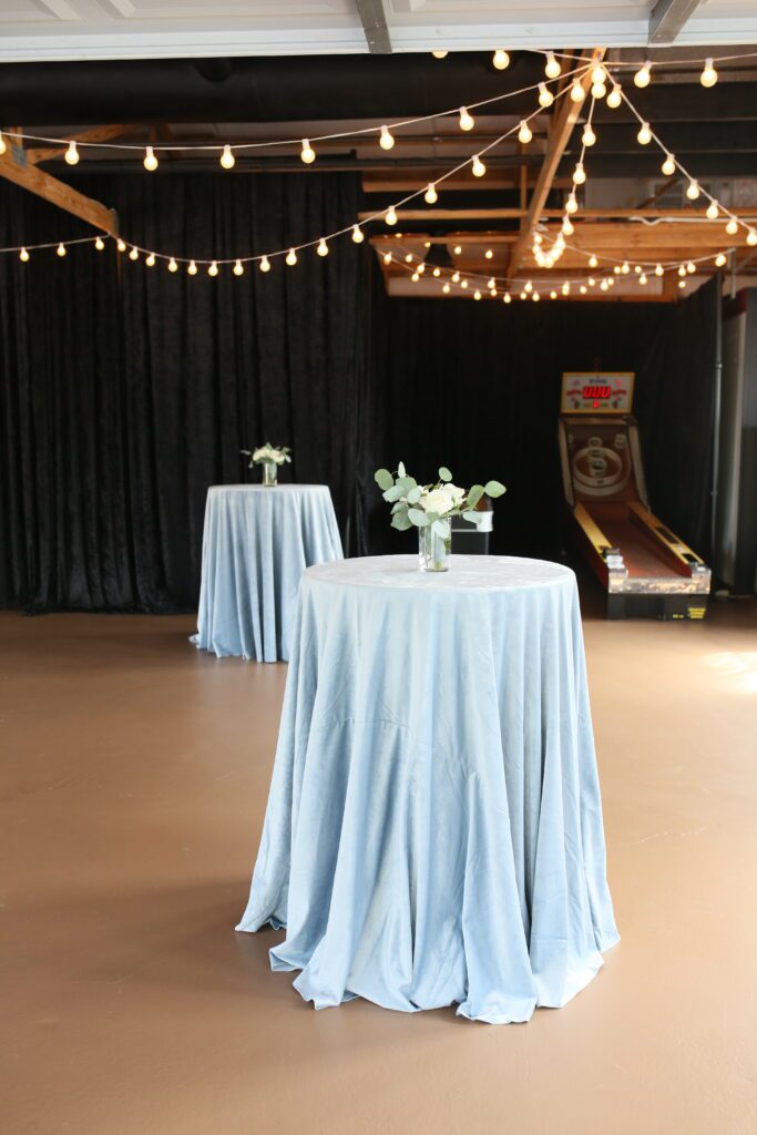 elegant blue velvet cocktail table rentals