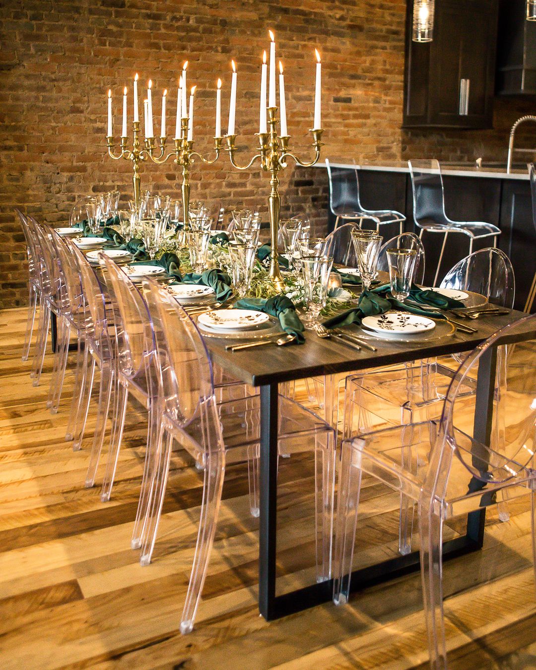 ghost acrylic chairs and industrial table