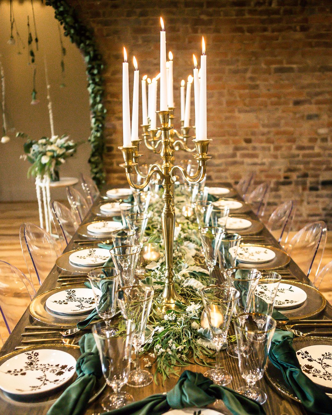 gold and green tables-cape with candelabra