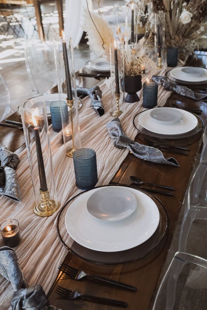 blue and white celestial wedding table