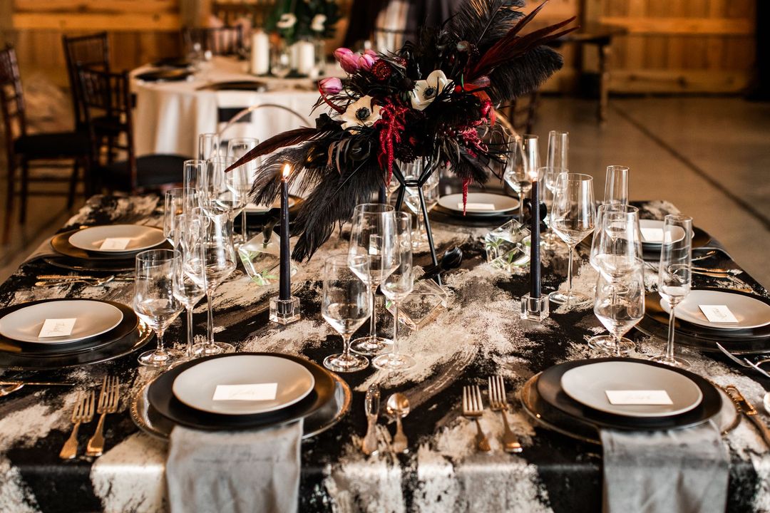 black and white wedding tablescape