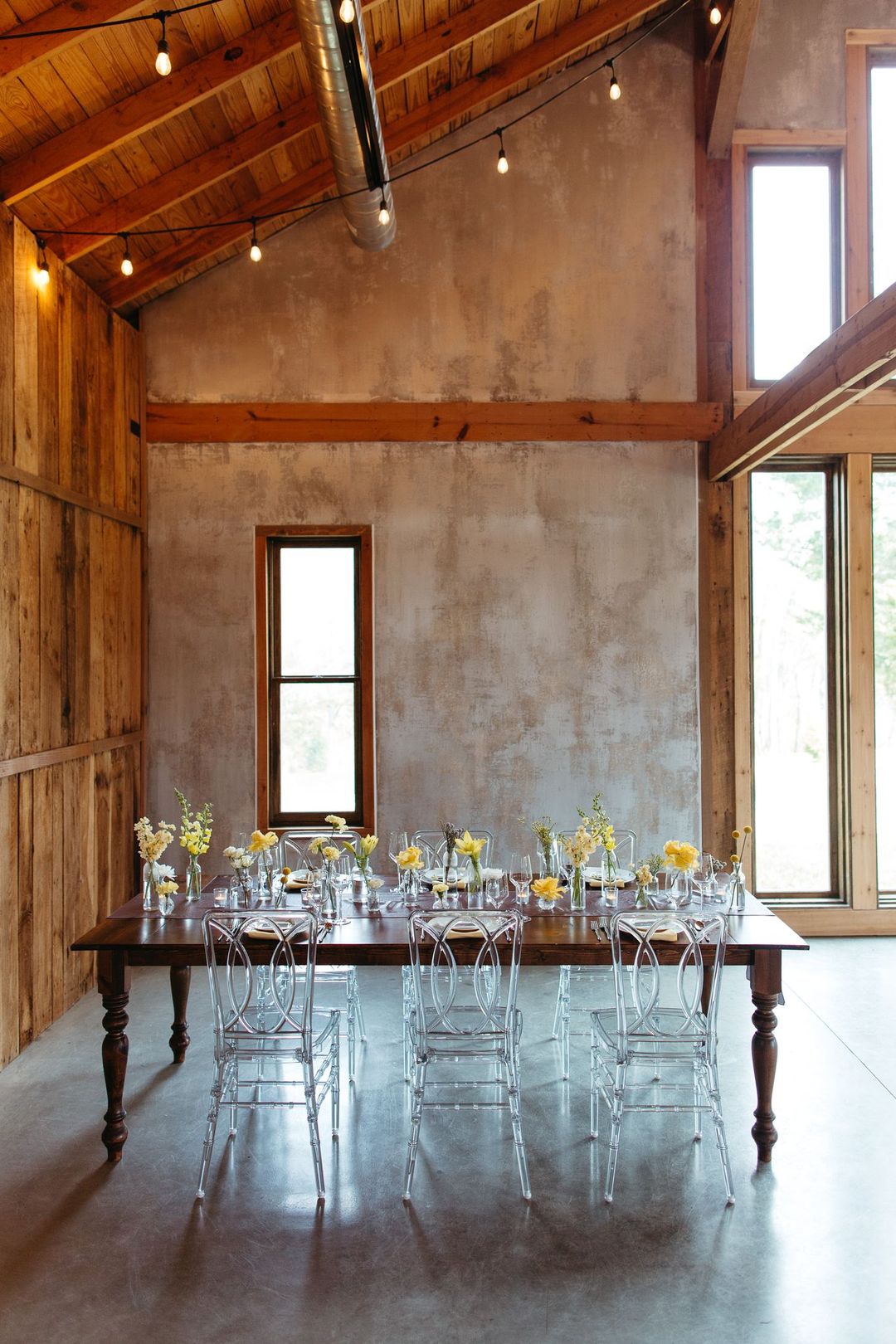 wedding reception table setup at Cedarmont farms