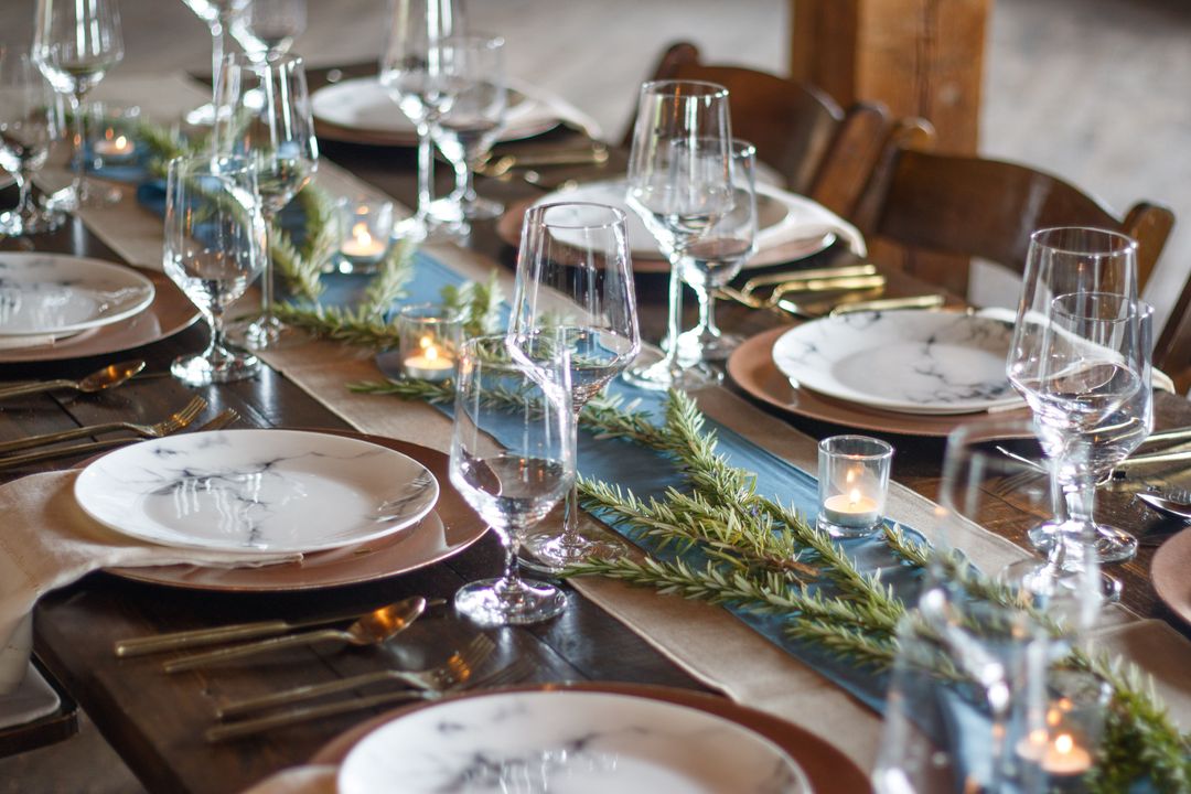 blue and copper Hanukkah table