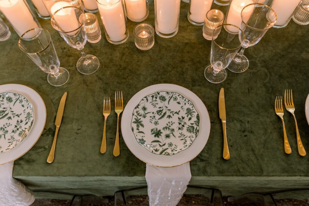 gilded sage green floral holiday table decor