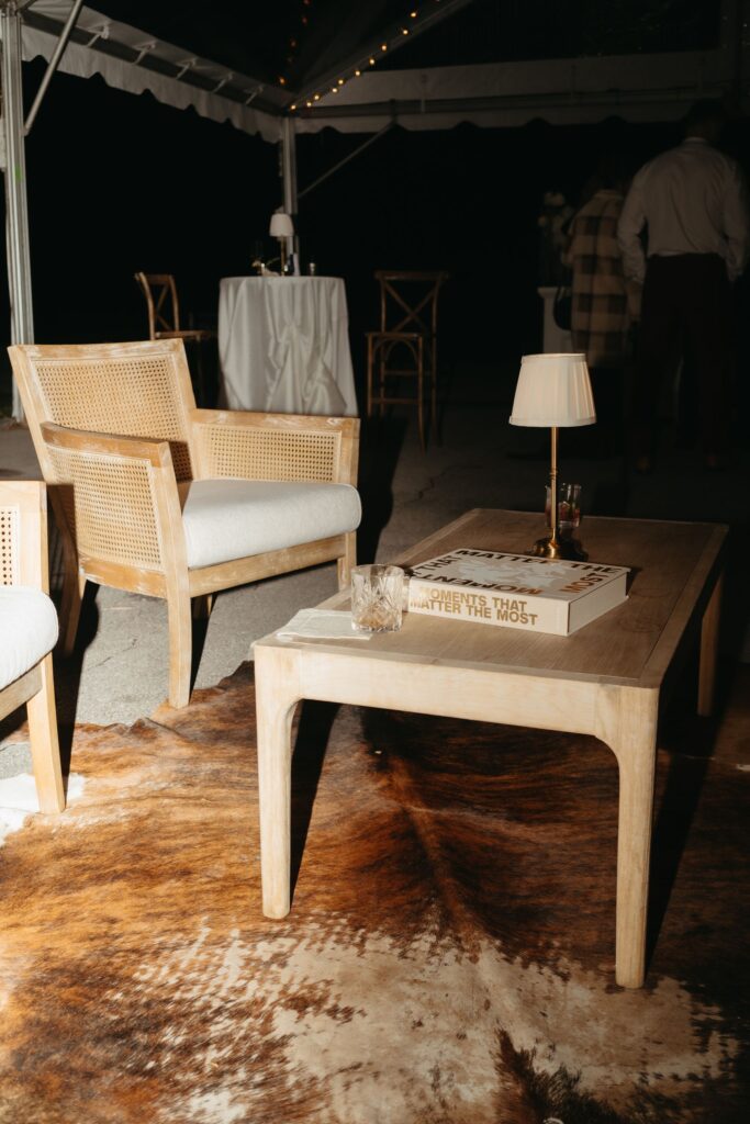 modern barn wedding cocktail hour lounge