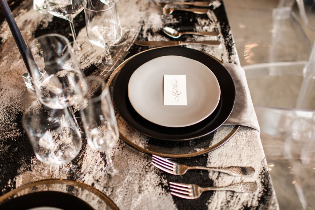black and white table linen rentals
