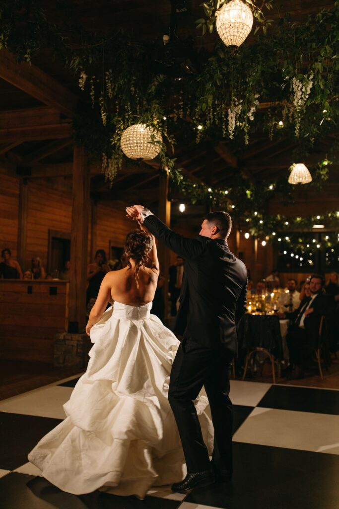 black and white dance floor for modern barn wedding at trinity view farm