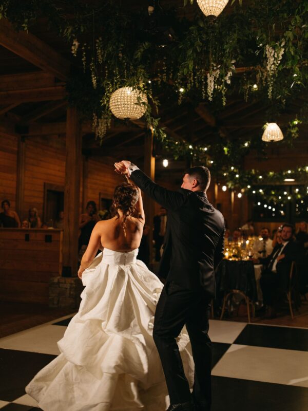 black and white dance floor for modern barn wedding at trinity view farm