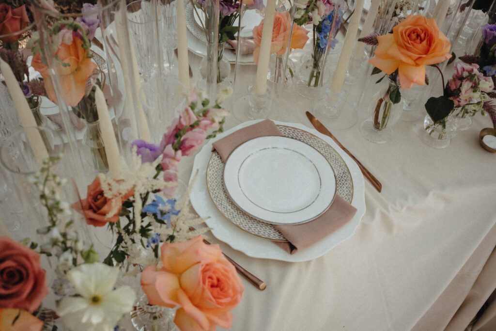 colorful forest wedding reecption table