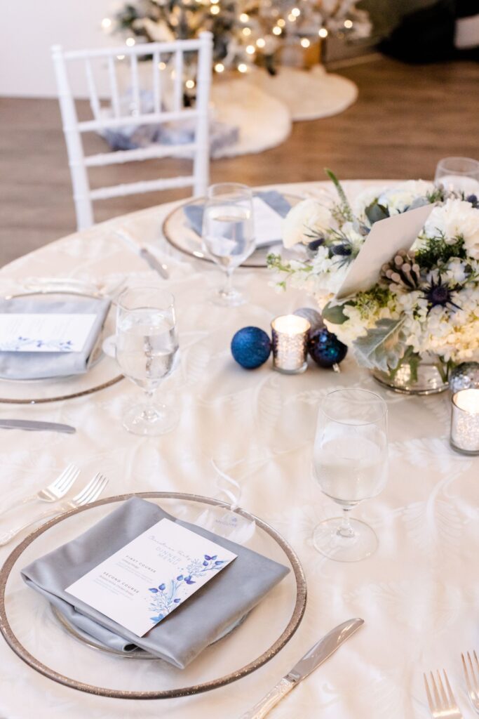 blue and silver holiday party table