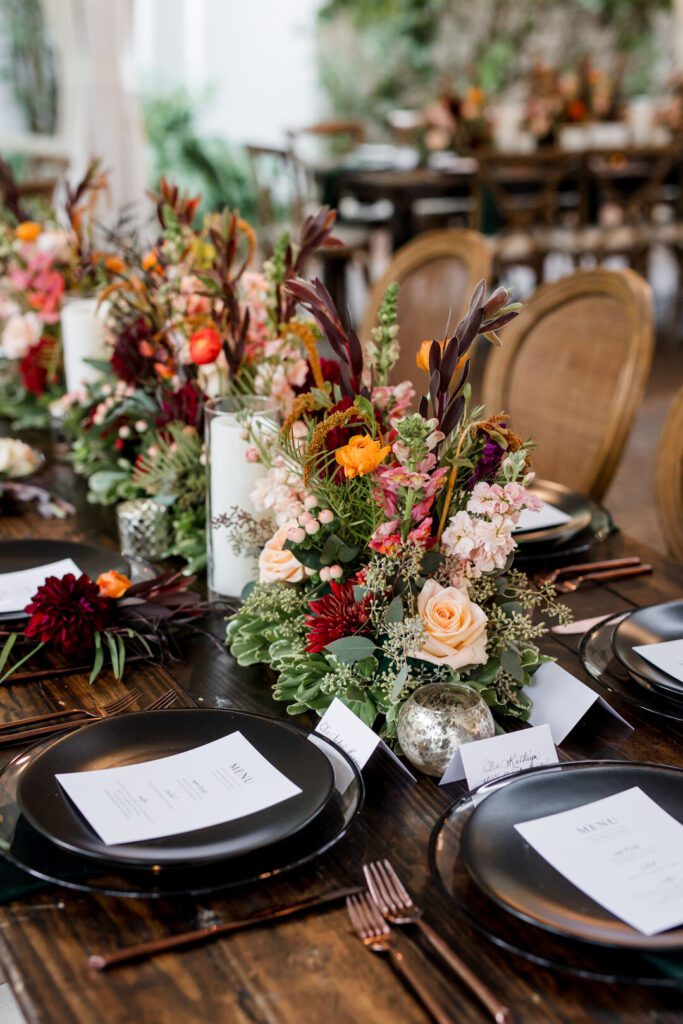 moody black fall wedding table