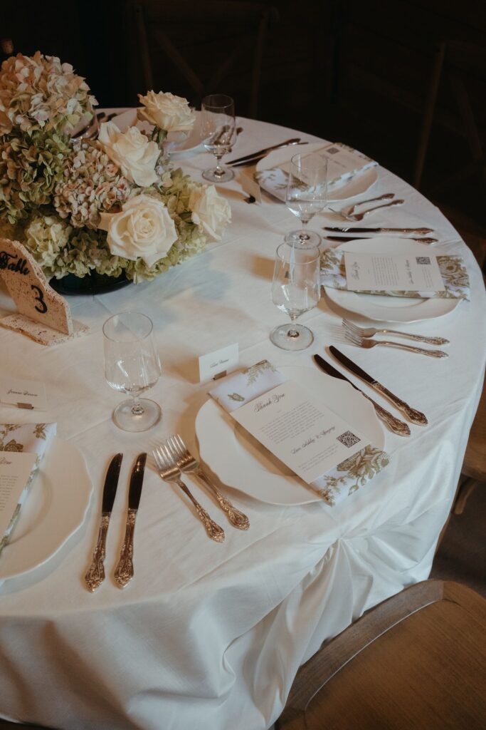 all white wedding table with hydrangea centerpieces