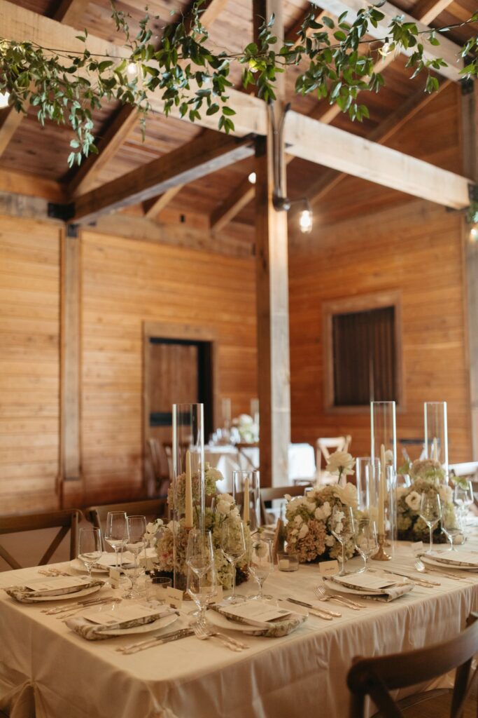 neutral barn wedding reception table ideas