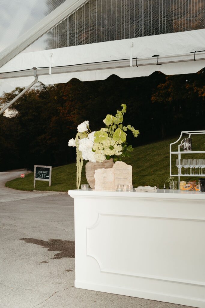 white wedding bar with barback shelving