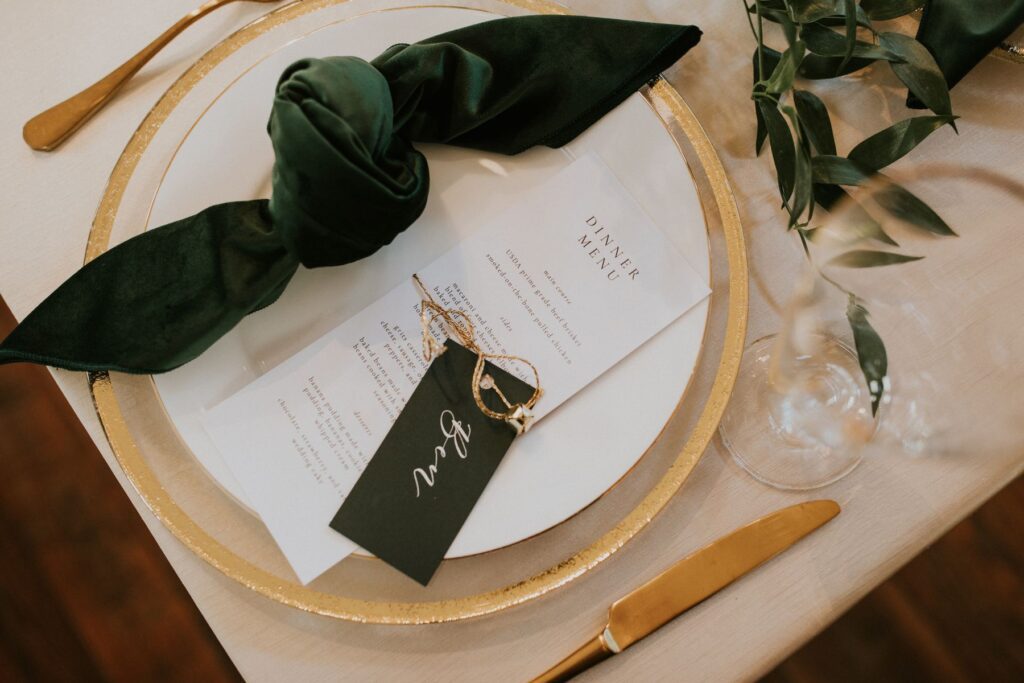 gold and green winter wedding table