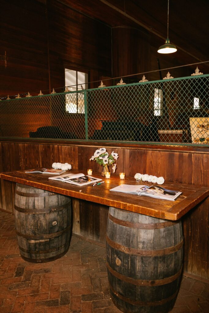 wedding whiskey barrel guest book table