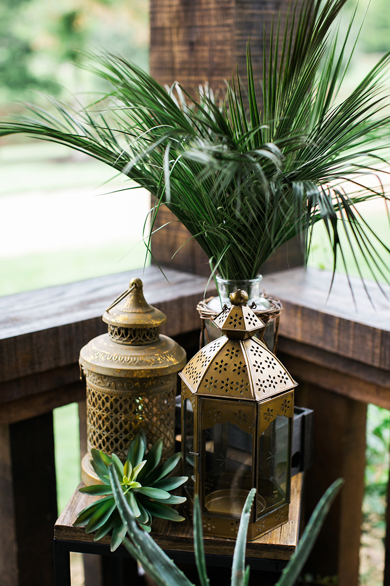 gold boho tabletop lantern decor for rent