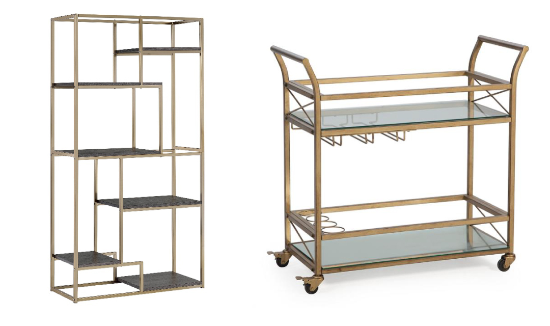 gold bar shelf and gold rolling bar cart for small parties